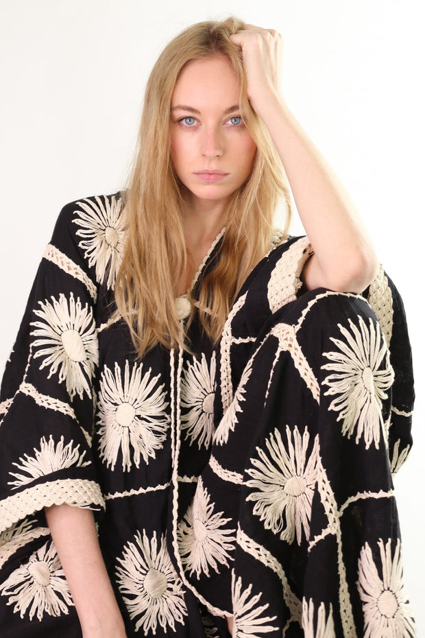 FLORA CROCHET KIMONO DUSTER BLACK - sustainably made MOMO NEW YORK sustainable clothing, crochet slow fashion