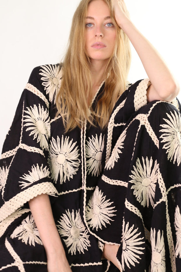 FLORA CROCHET KIMONO DUSTER BLACK - sustainably made MOMO NEW YORK sustainable clothing, crochet slow fashion