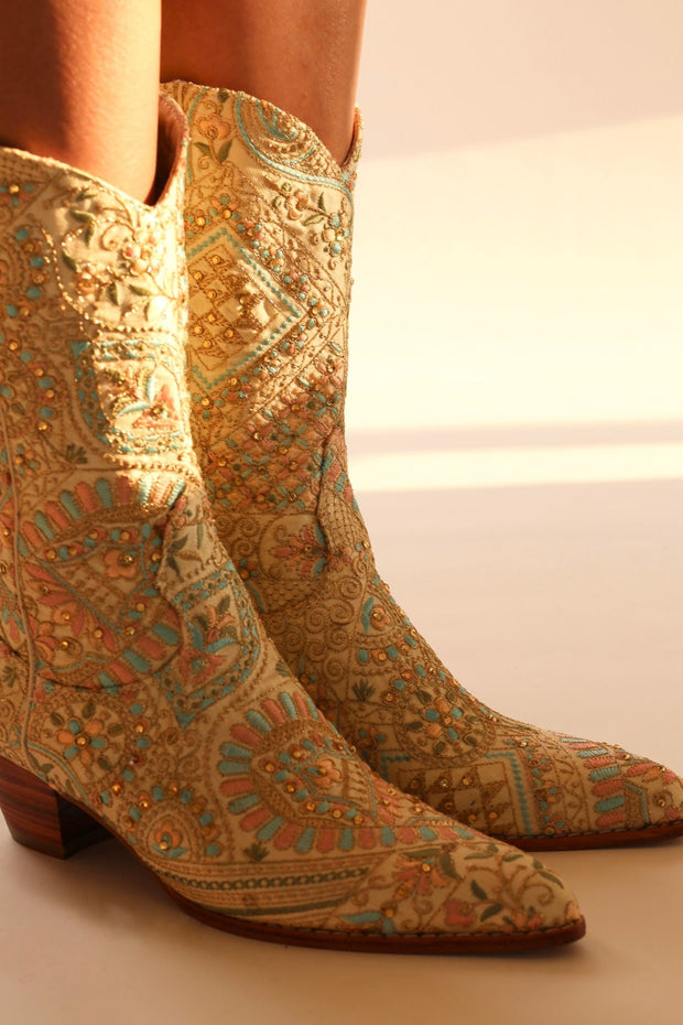 FLOWER SILK EMBROIDERED WESTERN BOOTS EMMAMIL - sustainably made MOMO NEW YORK sustainable clothing, boots slow fashion