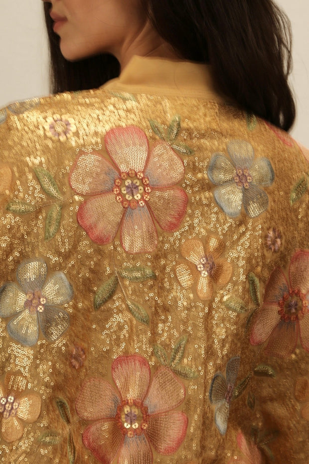 GOLDEN FLOWER CHIFFON SILK KIMONO - sustainably made MOMO NEW YORK sustainable clothing, Embroidered Kimono slow fashion