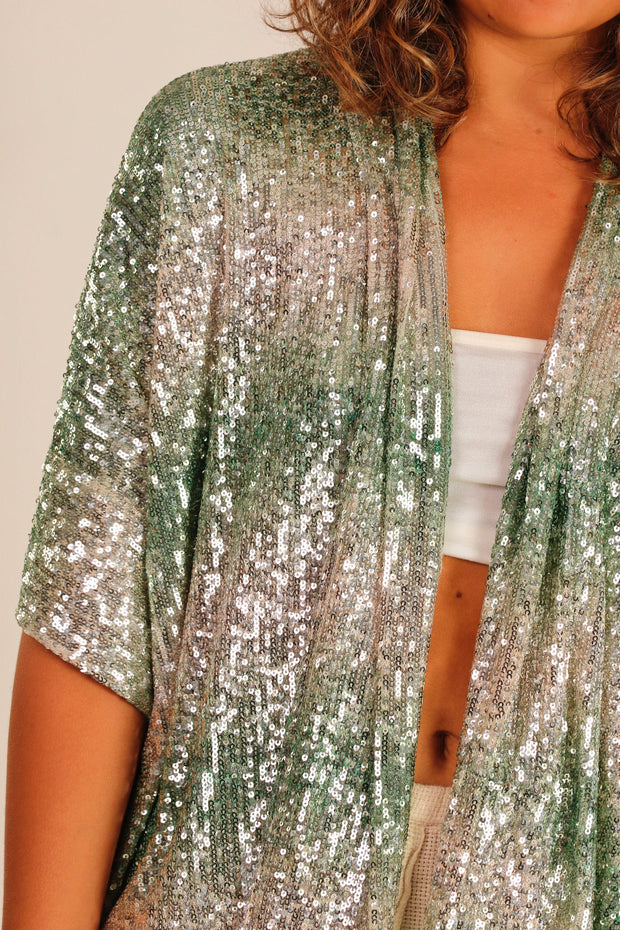 GREEN SEQUIN SHORT KIMONO LUKA - sustainably made MOMO NEW YORK sustainable clothing, Kimono slow fashion