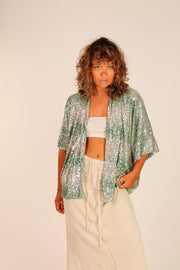 GREEN SEQUIN SHORT KIMONO LUKA - sustainably made MOMO NEW YORK sustainable clothing, Kimono slow fashion