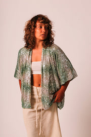 GREEN SEQUIN SHORT KIMONO LUKA - sustainably made MOMO NEW YORK sustainable clothing, Kimono slow fashion