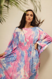 HECATE TWIN BLUE PINK KAFTAN DRESS - sustainably made MOMO NEW YORK sustainable clothing, Embroidered Kimono slow fashion