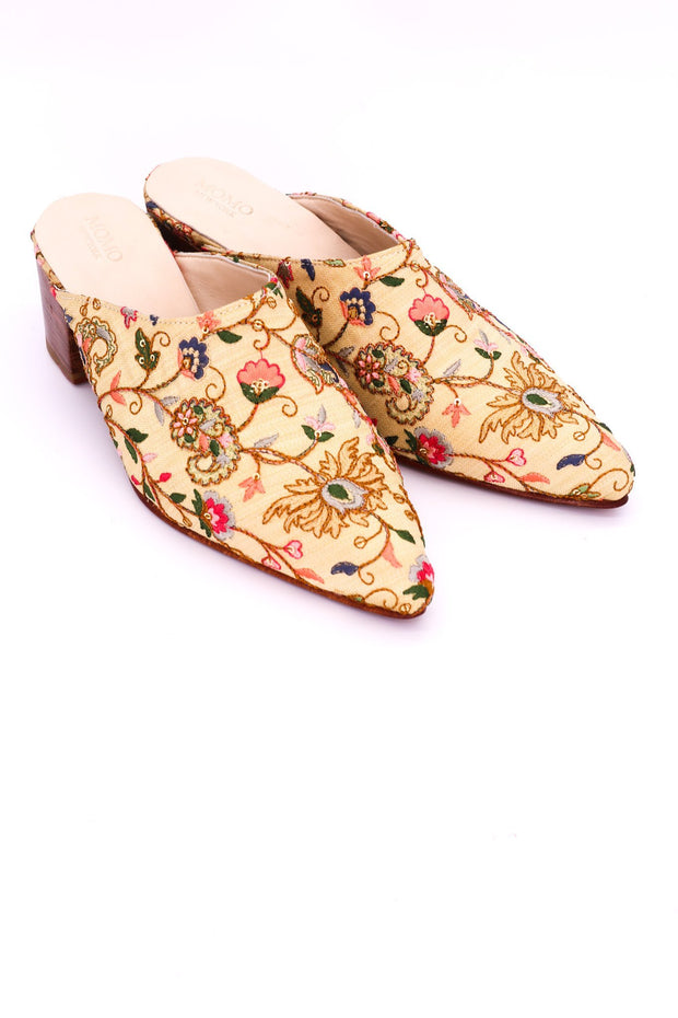 HEELED MULES EMBROIDERED X ANTHROPOLOGIE - sustainably made MOMO NEW YORK sustainable clothing, mules slow fashion