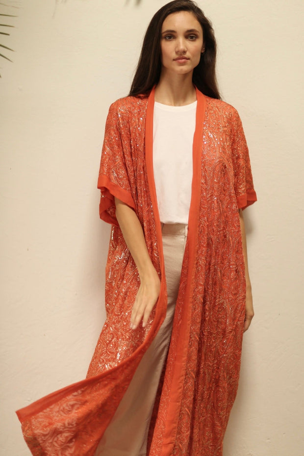 HELIOS ORANGE SILK SEQUIN EMBEROIDERED KIMONO - sustainably made MOMO NEW YORK sustainable clothing, Embroidered Kimono slow fashion