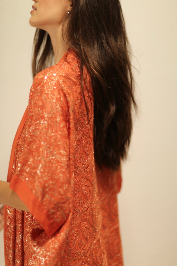 HELIOS ORANGE SILK SEQUIN EMBEROIDERED KIMONO - sustainably made MOMO NEW YORK sustainable clothing, Embroidered Kimono slow fashion