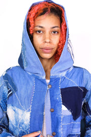 INDIGO PATCHWORK HOODIE JACKET NGOZI - sustainably made MOMO NEW YORK sustainable clothing, saleojai slow fashion