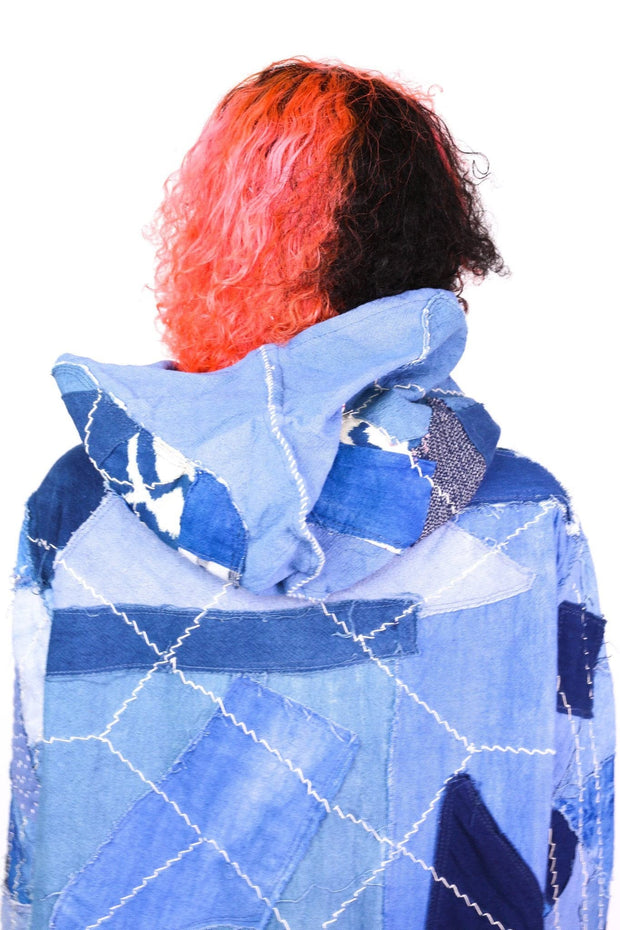 INDIGO PATCHWORK HOODIE JACKET NGOZI - sustainably made MOMO NEW YORK sustainable clothing, saleojai slow fashion