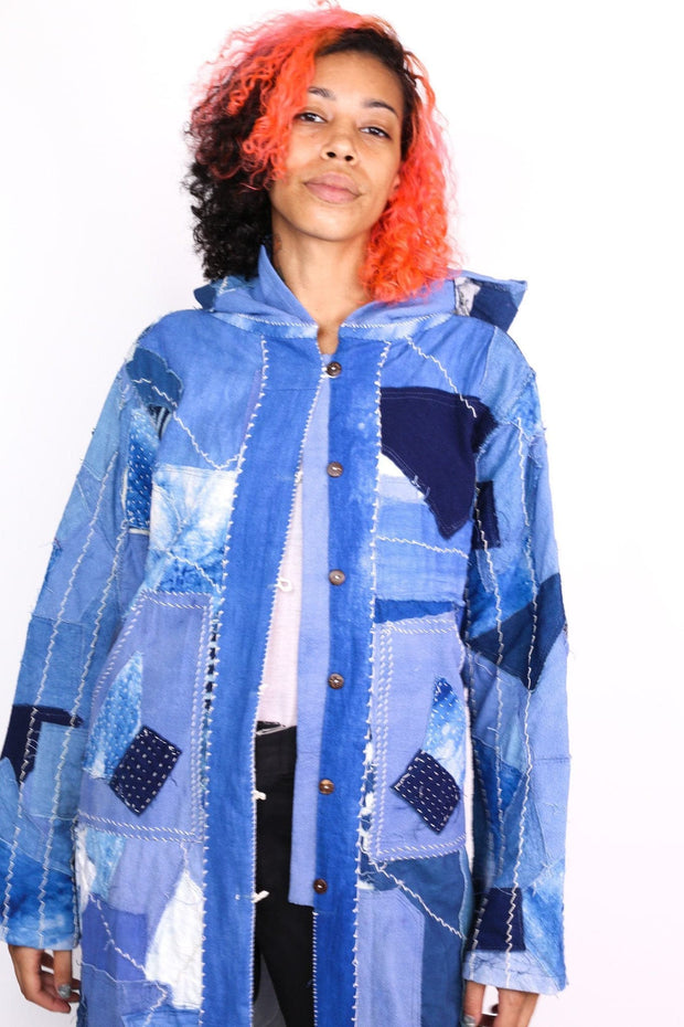 INDIGO PATCHWORK HOODIE JACKET NGOZI - sustainably made MOMO NEW YORK sustainable clothing, saleojai slow fashion