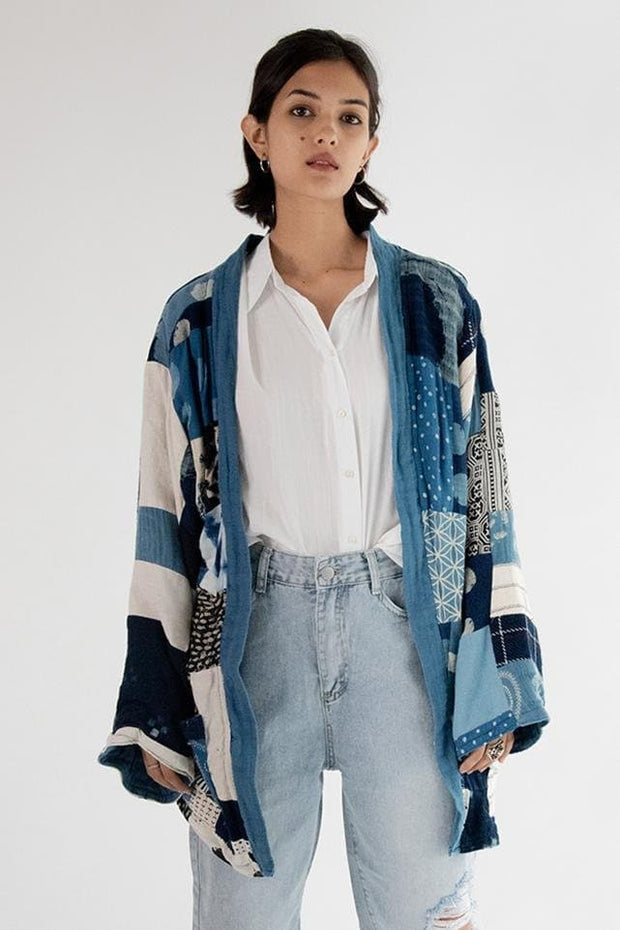 Indigo Patchwork Kimono Jacket Clara - sustainably made MOMO NEW YORK sustainable clothing, Kimono slow fashion