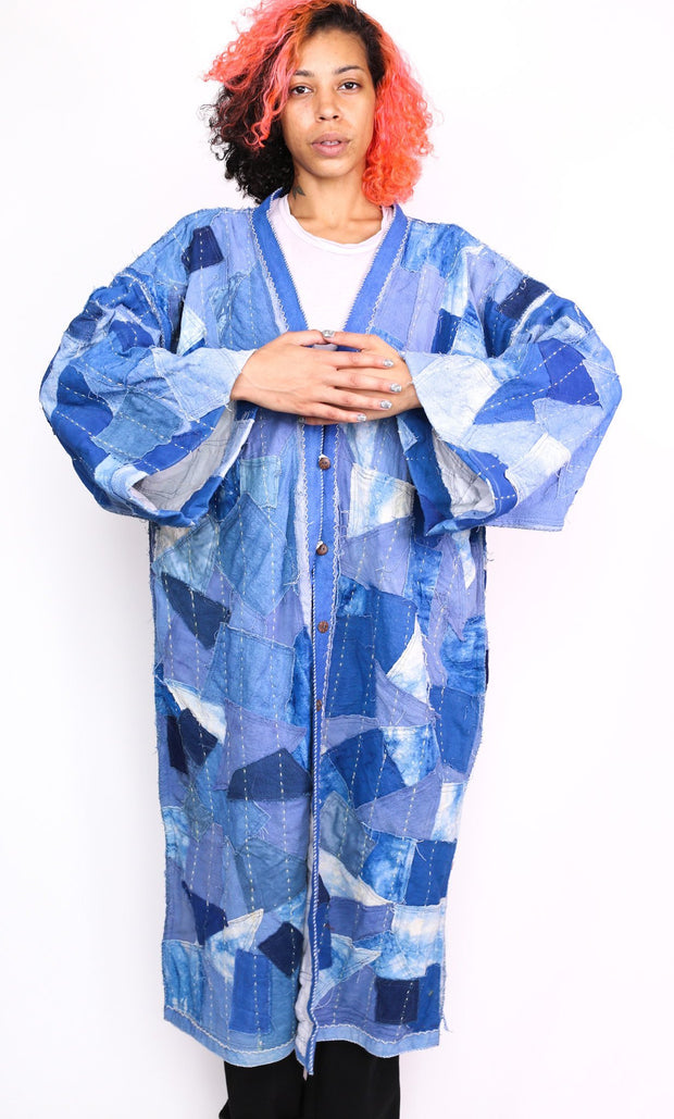 INDIGO PATCHWORK KIMONO NOLA - sustainably made MOMO NEW YORK sustainable clothing, Kimono slow fashion