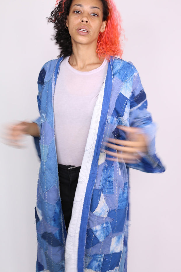 INDIGO PATCHWORK KIMONO NOLA - sustainably made MOMO NEW YORK sustainable clothing, Kimono slow fashion