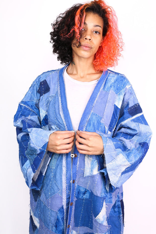 INDIGO PATCHWORK KIMONO NOLA - sustainably made MOMO NEW YORK sustainable clothing, Kimono slow fashion