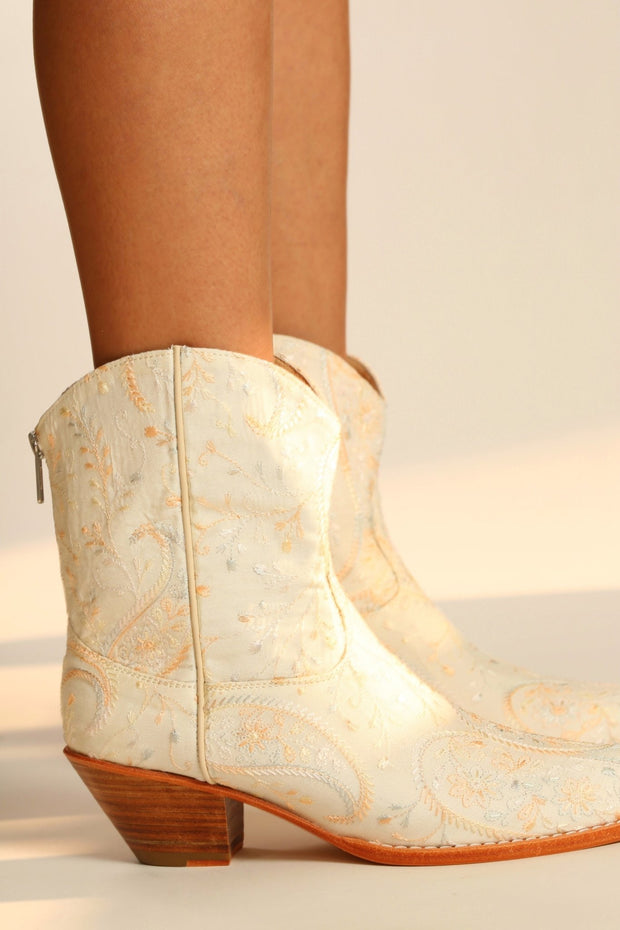 IVORY EMBROIDERED SILK SHORT WESTERN BOOTS FELO - sustainably made MOMO NEW YORK sustainable clothing, boots slow fashion