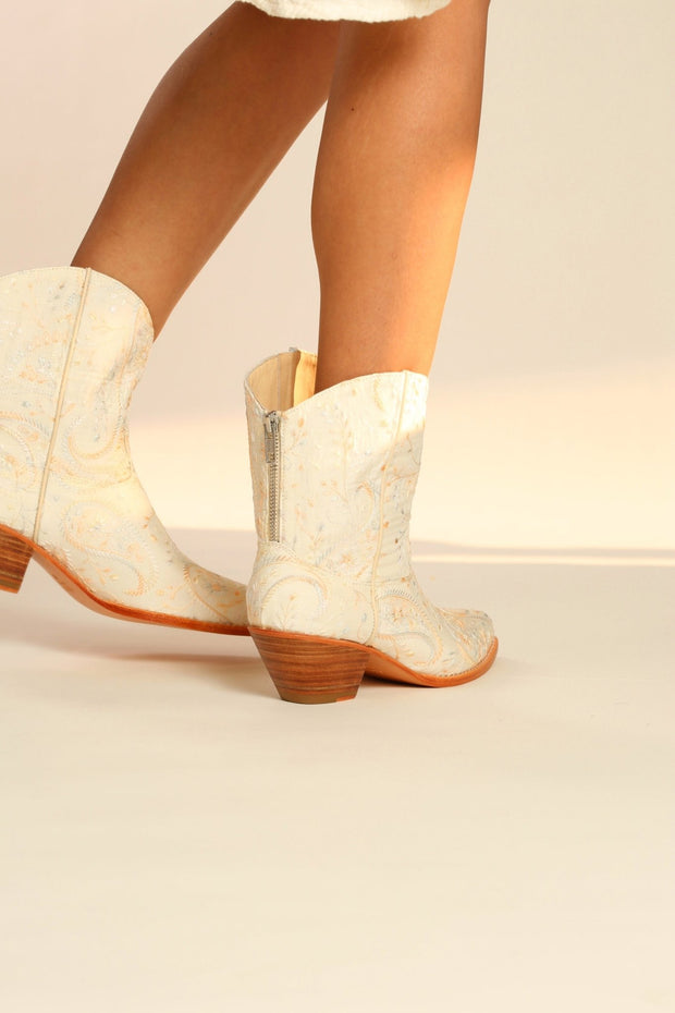 IVORY EMBROIDERED SILK SHORT WESTERN BOOTS FELO - sustainably made MOMO NEW YORK sustainable clothing, boots slow fashion