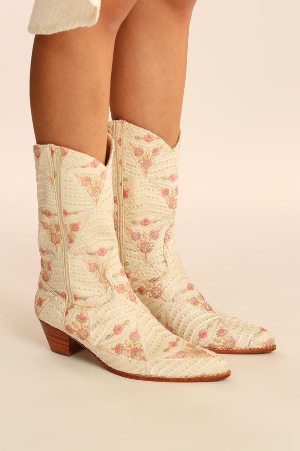 IVORY PINK FLOWER SILK WESTERN BOOTS DEKOTA - sustainably made MOMO NEW YORK sustainable clothing, boots slow fashion