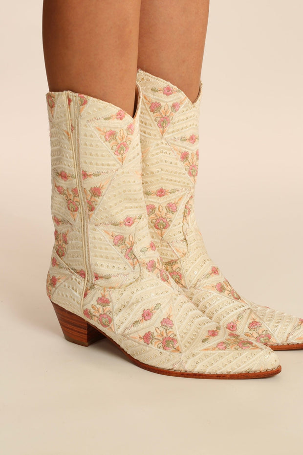 IVORY PINK FLOWER SILK WESTERN BOOTS DEKOTA - sustainably made MOMO NEW YORK sustainable clothing, boots slow fashion