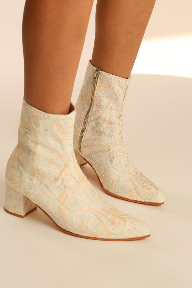 IVORY SILK EMBROIDERED WEDDING BOOTS GOLDEN - sustainably made MOMO NEW YORK sustainable clothing, boots slow fashion