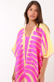 KAFTAN MARIE CLAIRE YELLOW / FUSHIA - sustainably made MOMO NEW YORK sustainable clothing, Embroidered Kaftan slow fashion