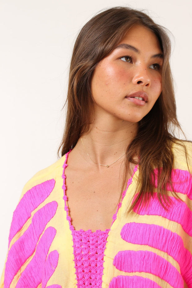 KAFTAN MARIE CLAIRE YELLOW / FUSHIA - sustainably made MOMO NEW YORK sustainable clothing, Embroidered Kaftan slow fashion