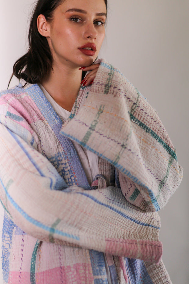 KANTHA QUILT VINTAGE FABRIC KIMONO YUMA - sustainably made MOMO NEW YORK sustainable clothing, Kimono slow fashion