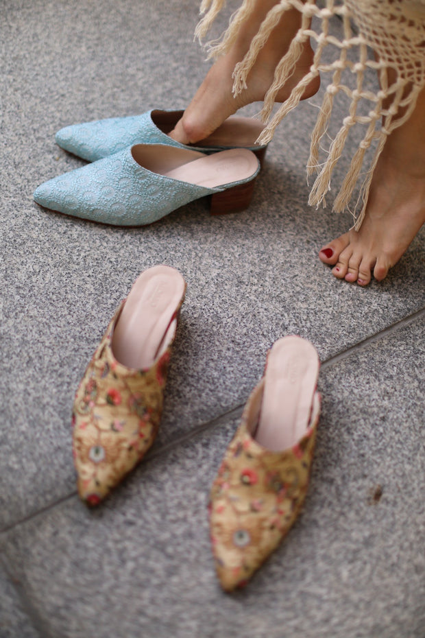 LIGHT BLUE EMBROIDERED HEELED MULES MASANA - sustainably made MOMO NEW YORK sustainable clothing, mules slow fashion