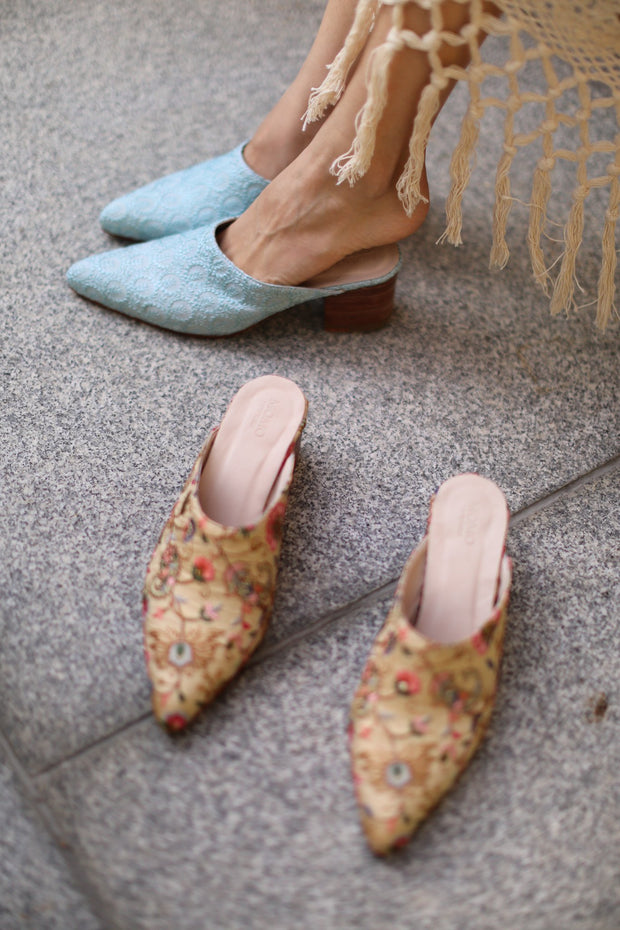 LIGHT BLUE EMBROIDERED HEELED MULES MASANA - sustainably made MOMO NEW YORK sustainable clothing, mules slow fashion