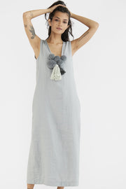 LINEN POM POM DETAIL DRESS KRAVITZ - sustainably made MOMO NEW YORK sustainable clothing, kaftan slow fashion