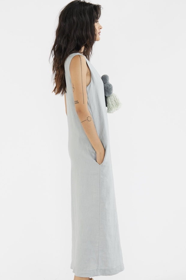 LINEN POM POM DETAIL DRESS KRAVITZ - sustainably made MOMO NEW YORK sustainable clothing, kaftan slow fashion