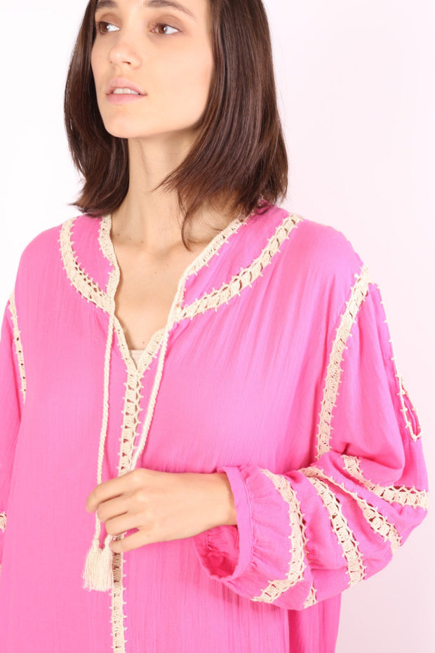 LONG SLEEVE KAFTAN TOVE HAND CROCET EMBROIDERED - sustainably made MOMO NEW YORK sustainable clothing, kaftan slow fashion