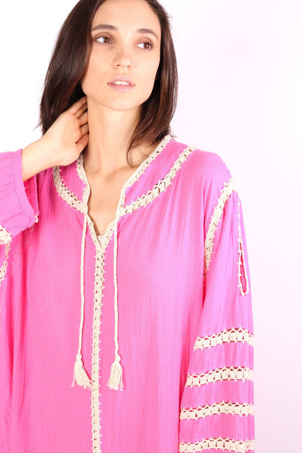 LONG SLEEVE KAFTAN TOVE HAND CROCET EMBROIDERED - sustainably made MOMO NEW YORK sustainable clothing, kaftan slow fashion