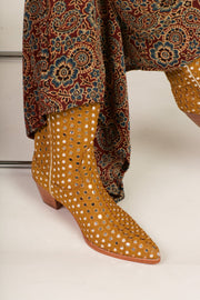 MUSTARD EMBELLISHED SILK BOOTS SANDY - sustainably made MOMO NEW YORK sustainable clothing, boots slow fashion