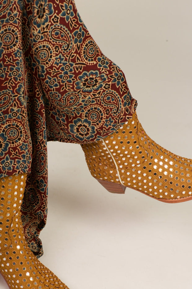 MUSTARD EMBELLISHED SILK BOOTS SANDY - sustainably made MOMO NEW YORK sustainable clothing, boots slow fashion