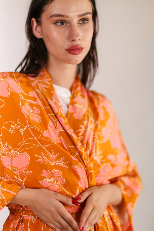 ORANGE FLOWER PRINT SILK KIMONO GOLBY - sustainably made MOMO NEW YORK sustainable clothing, Kimono slow fashion