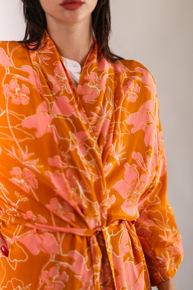 ORANGE FLOWER PRINT SILK KIMONO GOLBY - sustainably made MOMO NEW YORK sustainable clothing, Kimono slow fashion