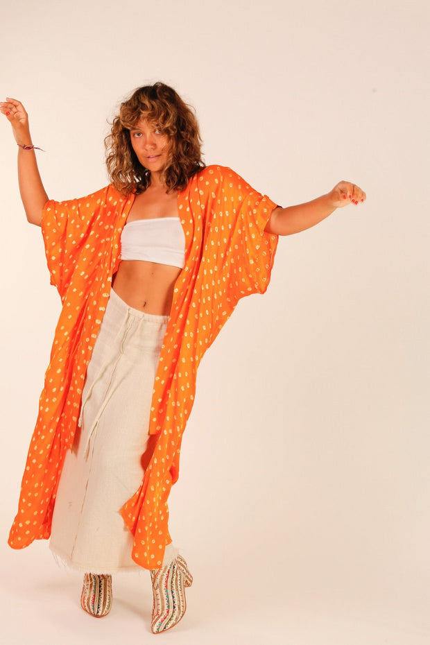 ORANGE POLKA DOT SILK KIMONO - sustainably made MOMO NEW YORK sustainable clothing, Kimono slow fashion