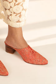 PEACH SILK EMBROIDERED HEELED MULES LISA - sustainably made MOMO NEW YORK sustainable clothing, slow fashion