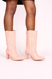 PINK CROC EMBOSSED HEEL BOOTS THOLA - sustainably made MOMO NEW YORK sustainable clothing, boots slow fashion