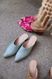 PINK EMBROIDERED HEELED MULES - sustainably made MOMO NEW YORK sustainable clothing, mules slow fashion