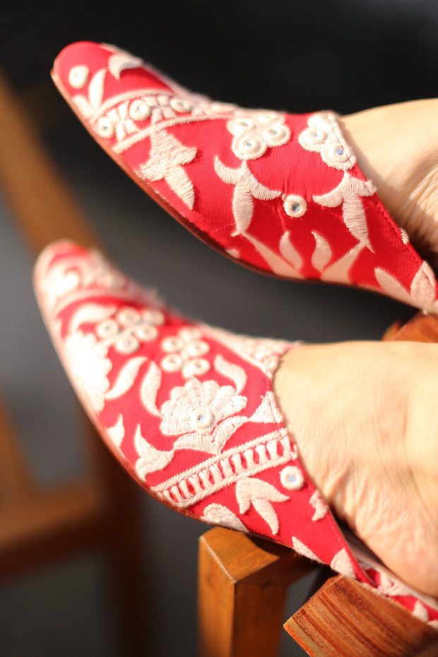 RED EMBROIDERED HEELED MULES - sustainably made MOMO NEW YORK sustainable clothing, mules slow fashion