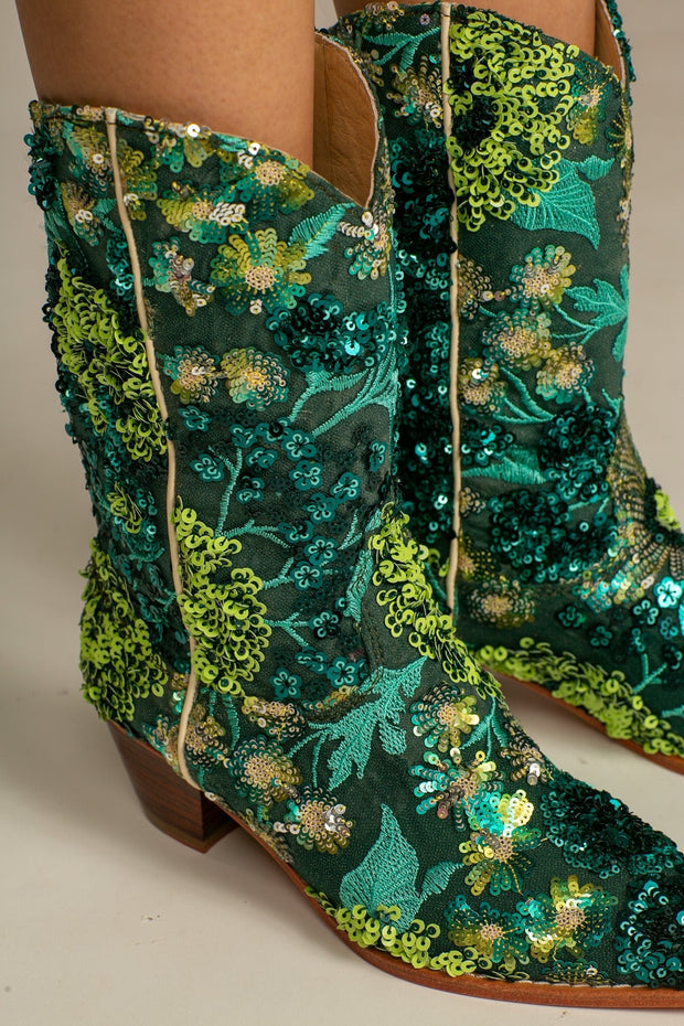 SELINA SEQUIN EMBROIDERED BOOTS FOREST GREEN - sustainably made MOMO NEW YORK sustainable clothing, boots slow fashion