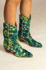 SELINA SEQUIN EMBROIDERED BOOTS FOREST GREEN - sustainably made MOMO NEW YORK sustainable clothing, boots slow fashion