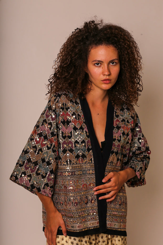 SEQUIN EMBELLISHED CHIFFON SILK SHORT KIMONO - sustainably made MOMO NEW YORK sustainable clothing, slow fashion