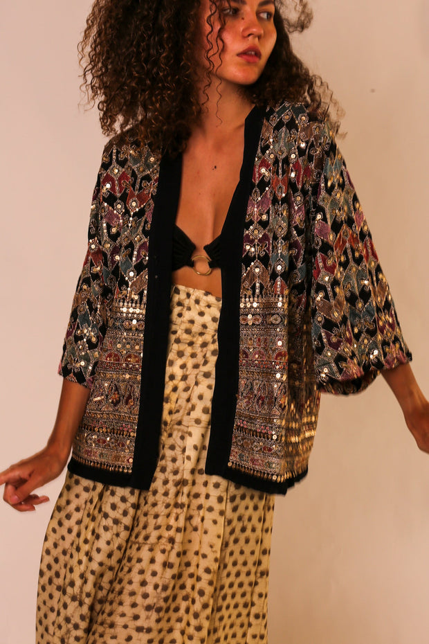 SEQUIN EMBELLISHED CHIFFON SILK SHORT KIMONO - sustainably made MOMO NEW YORK sustainable clothing, slow fashion