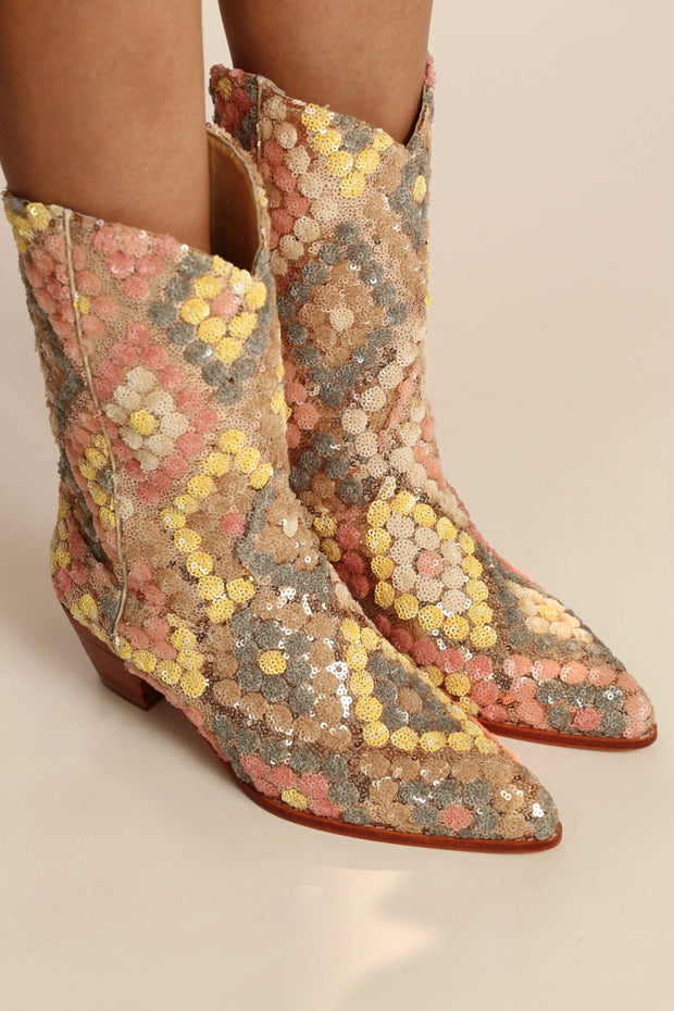 SEQUIN EMBROIDERED SILK WESTERN BOOTS NAHOME - sustainably made MOMO NEW YORK sustainable clothing, boots slow fashion