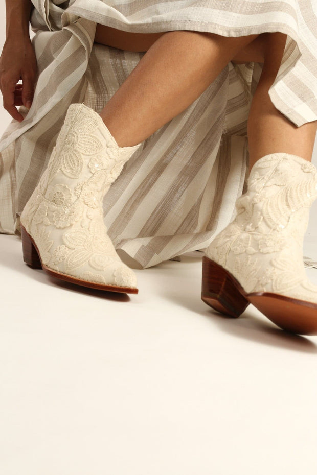 SHORT CREME LACE EMBROIDERED BOOTS NADY - sustainably made MOMO NEW YORK sustainable clothing, boots slow fashion