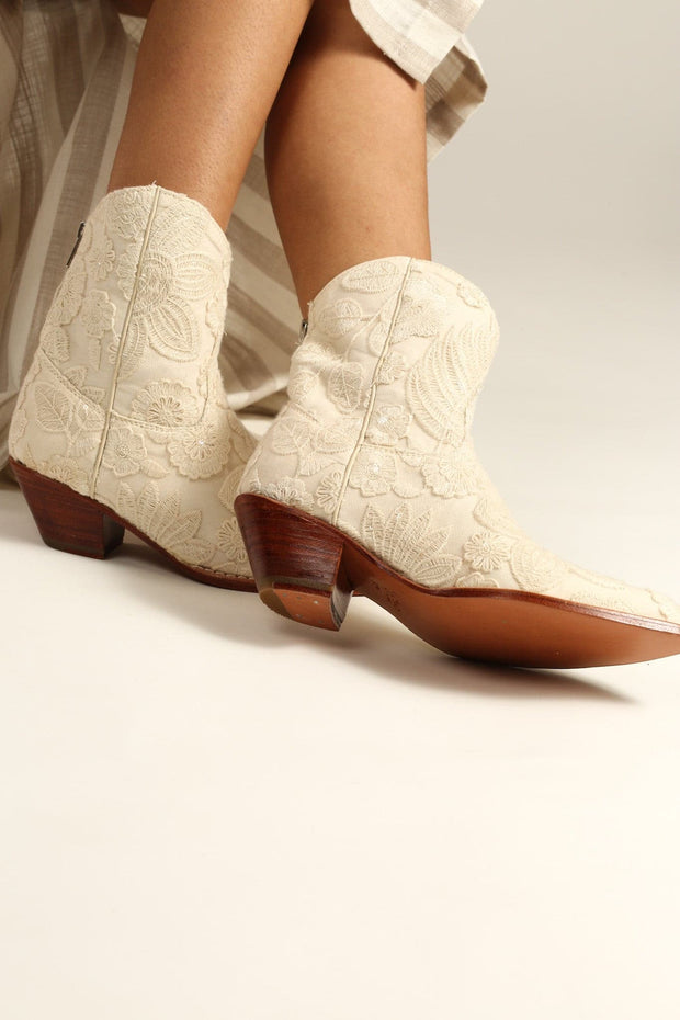 SHORT CREME LACE EMBROIDERED BOOTS NADY - sustainably made MOMO NEW YORK sustainable clothing, boots slow fashion