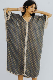 SILK CROCHET EMBROIDERED KAFTAN CAMELLA - sustainably made MOMO NEW YORK sustainable clothing, crochet slow fashion