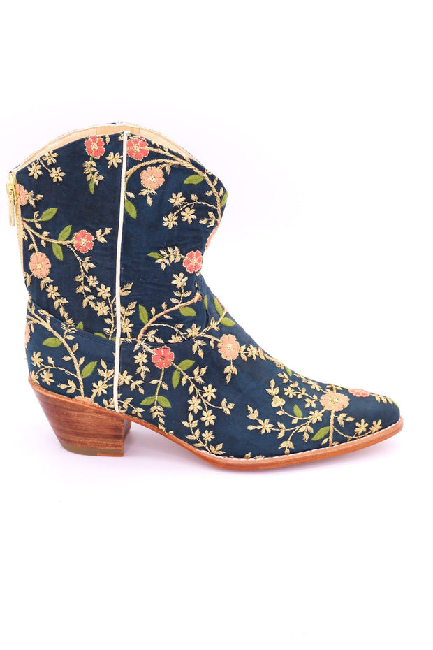 TURQUOISE EMBROIDERED SILK BOOTS ELOISE - sustainably made MOMO NEW YORK sustainable clothing, boots slow fashion